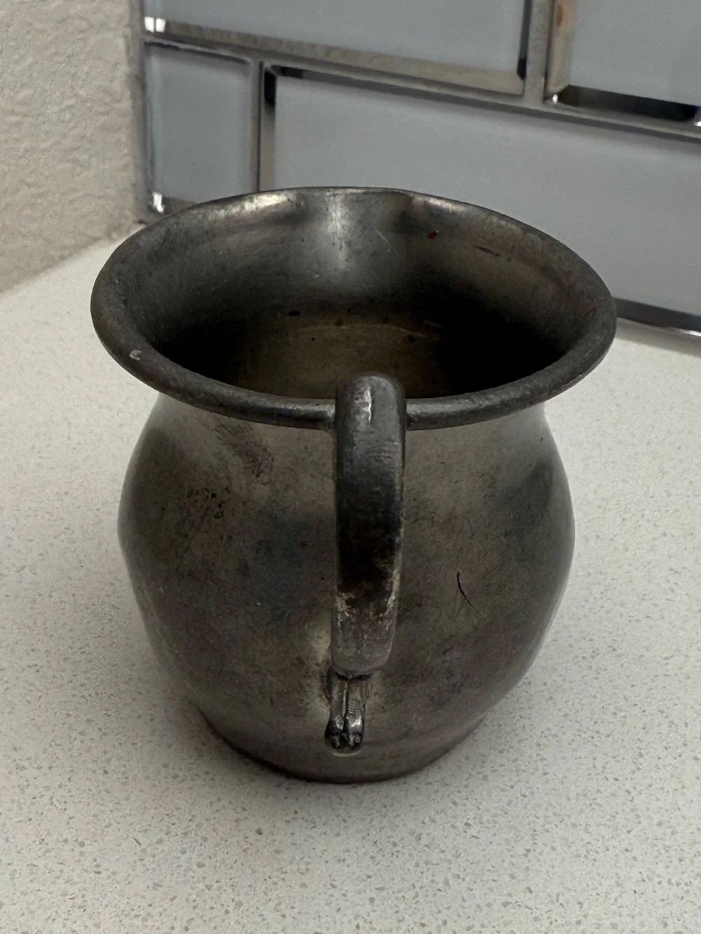 Vintage Pewter Creamer Pitcher Colonial Style Scroll Handle